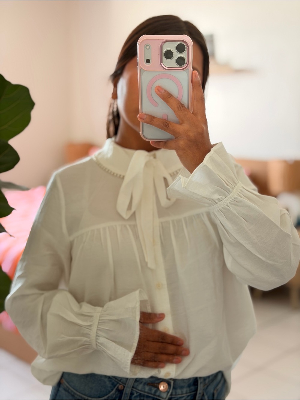 ZARA White Blouse with Blush Trim